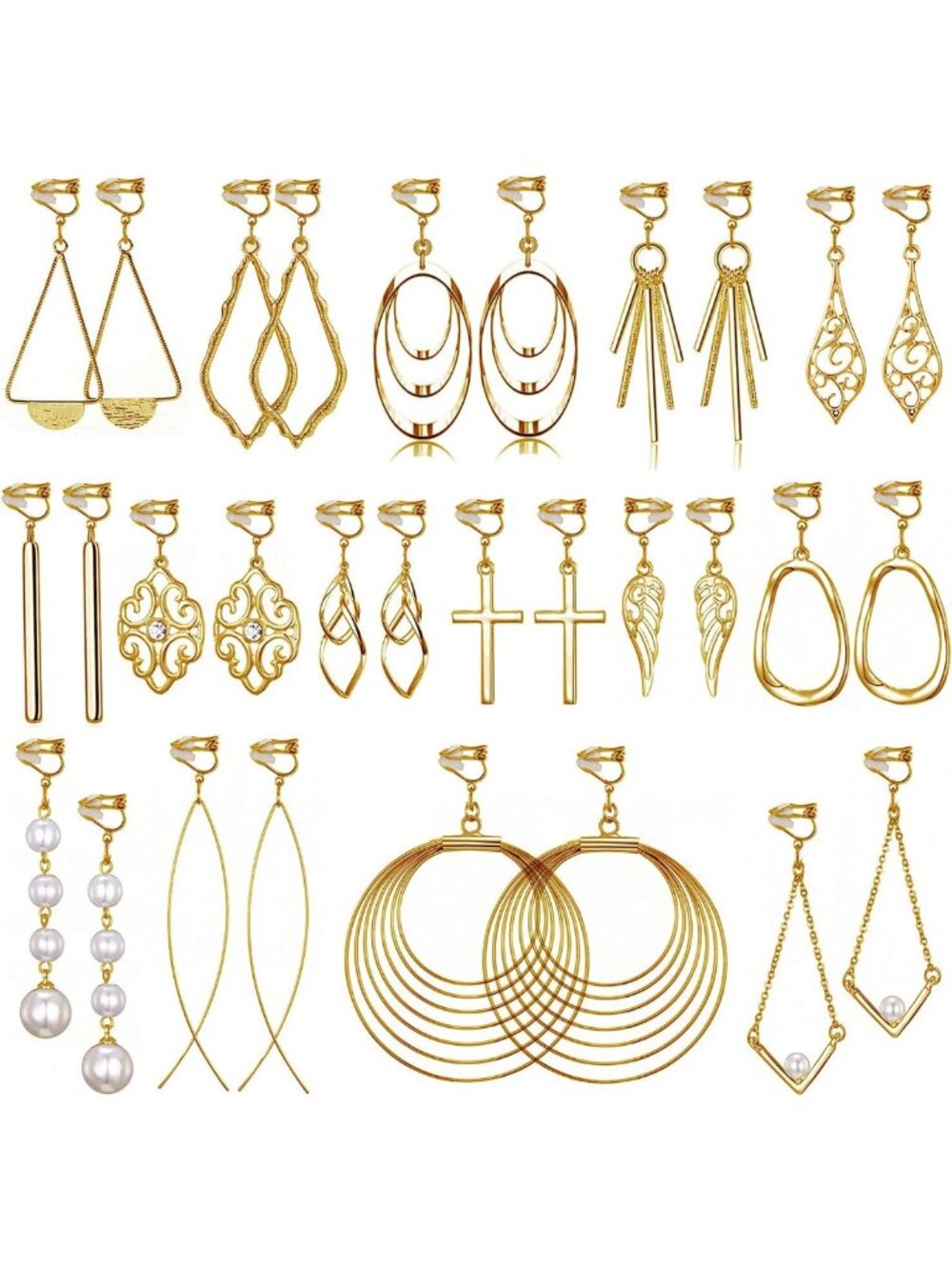 15 Pairs Lightweight Gold Clip-On Earrings Set for Women, Fashion Jewelry